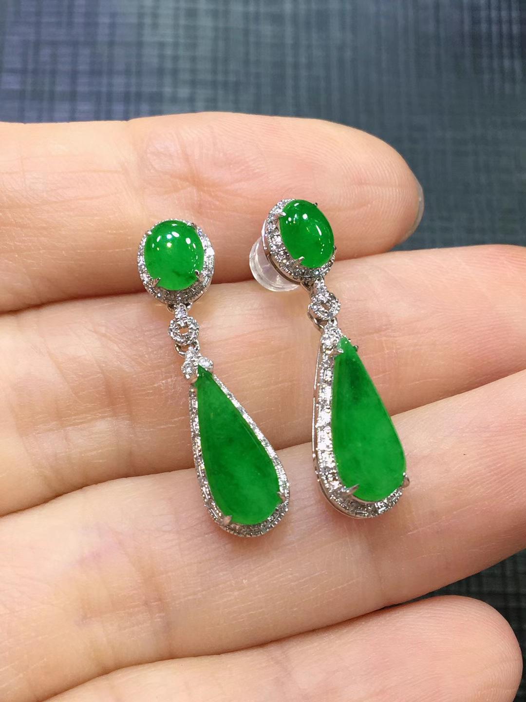 缅甸a货翡翠 冰绿水滴耳坠 18k金镶嵌种老起荧光起胶耳饰一件代发