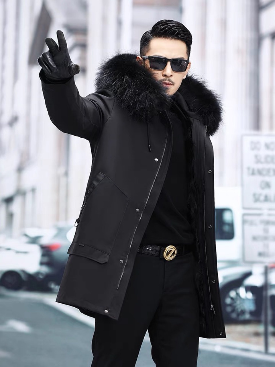 派克服男2021冬新款中长款皮毛一体大衣可拆卸獭兔毛内胆皮草男装
