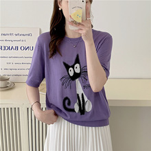 卡通图案圆领套头短袖T恤女新款韩版小猫咪宽松显瘦冰丝针织衫薄