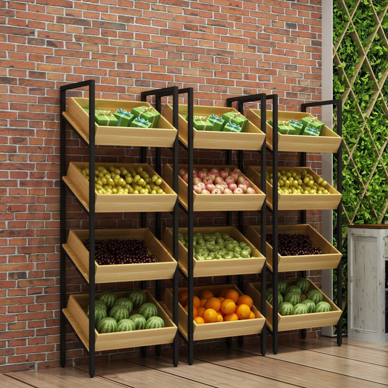 水果店货架蔬菜水果展示架超市多层组合钢木格子储藏架活动展台架