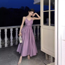 Women's Dresses 复古性感收腰显瘦V领吊带连衣裙长裙女微醺紫