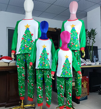 跨境货源 欧美圣诞节亲子套装 圆领长袖拼接圣诞元素印花长裤套装