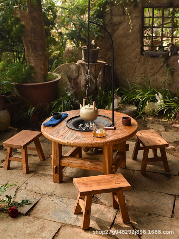 老榆木茶桌户外火锅圆桌子围炉烧烤桌复古煮茶桌全实木庭院茶台