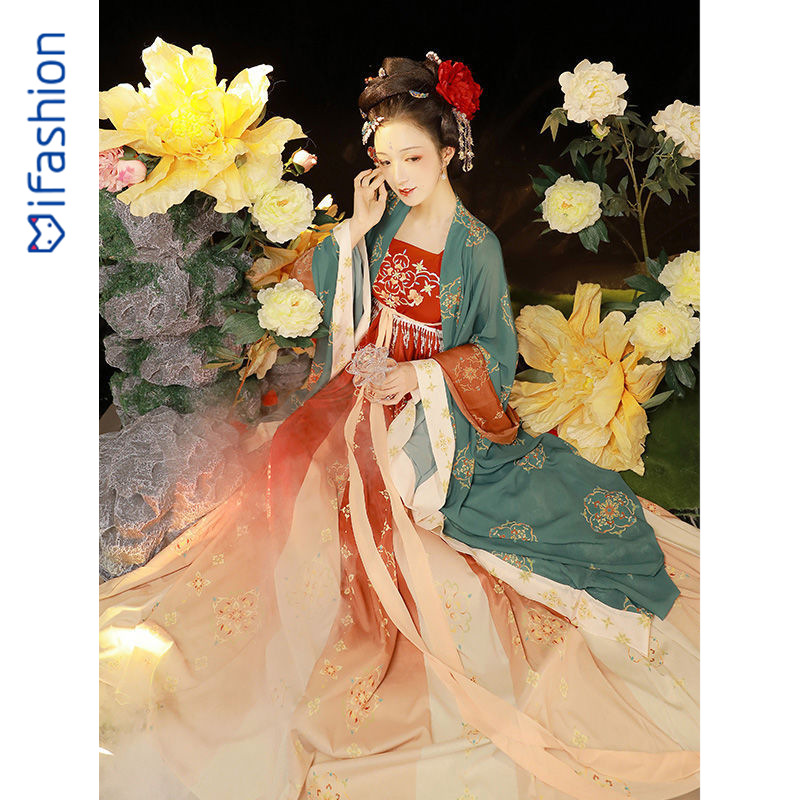 远山娥黛超仙成人改良汉服唐制女2022春季刺绣诃子裙交领齐腰套装