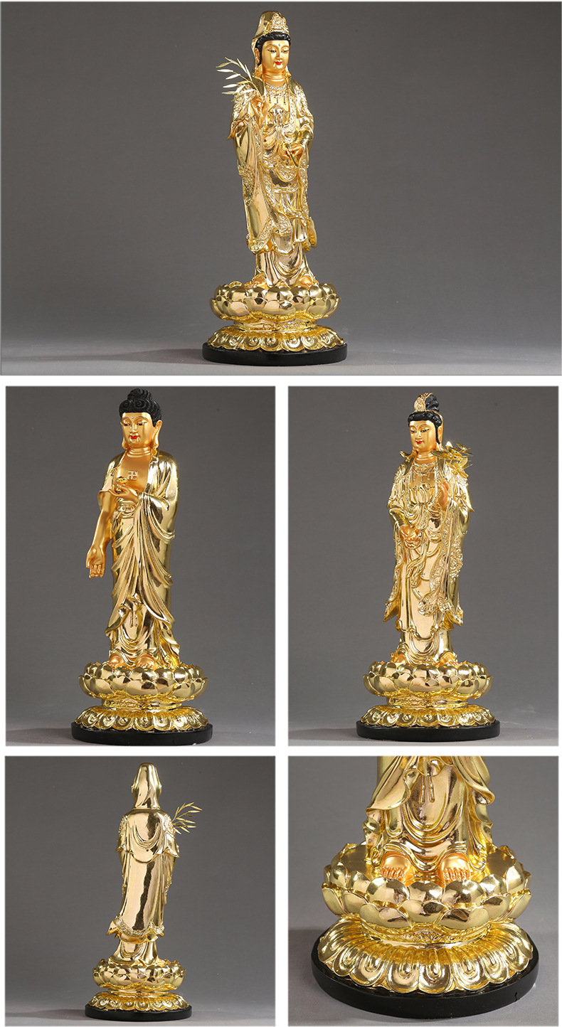 居家供奉西方三圣树脂佛像站像西方三圣摆件沙金带背光三圣像