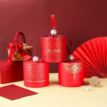 新款中式婚礼伴手礼礼盒珍珠手提创意圆筒喜糖盒子红色包装盒空盒