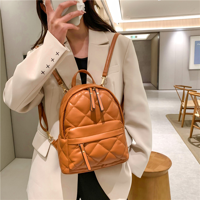 Korean Style Simple Small Backpack 2023 New All-Match Rhombus Backpack Embroidery Thread Solid Color Pu Soft Leather Casual Travel Bag