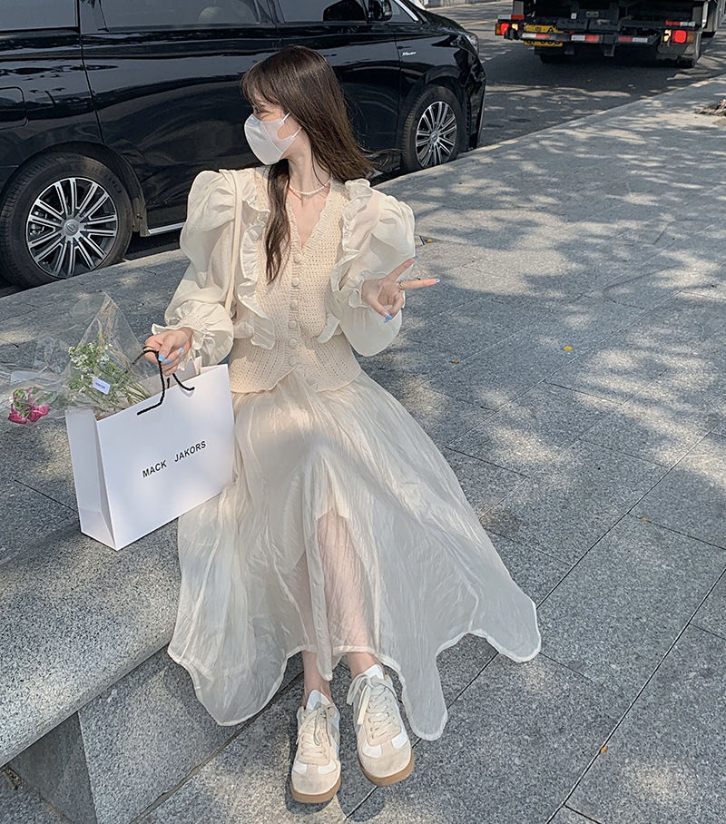 seoul甜美洋气减龄仙气感假两件气质针织上衣 百搭半身裙显瘦纱裙