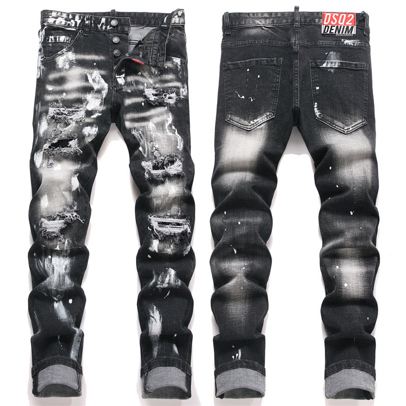 欧洲站秋冬新品重度猫须刮花修身时尚休闲潮牌刷漆小脚d2牛仔裤男