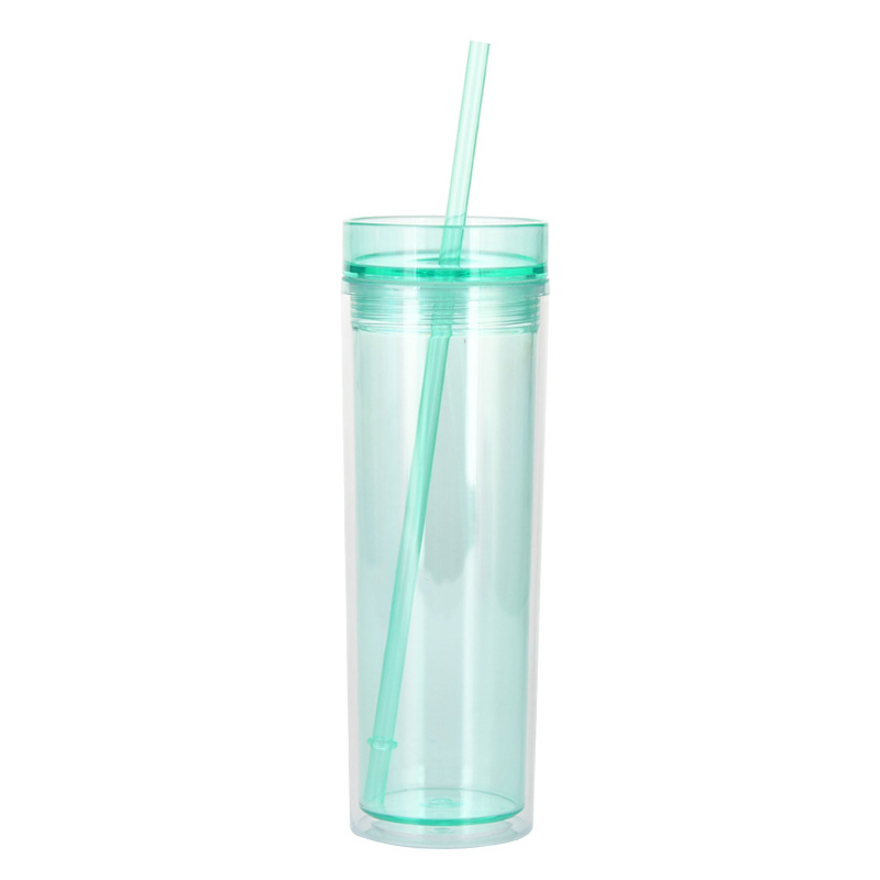 European and American Ins Style Fashion Water Cup Skinny Double-Layer Cup with Straw Transparent Tumbler with Straw Double Wall Water Bottle