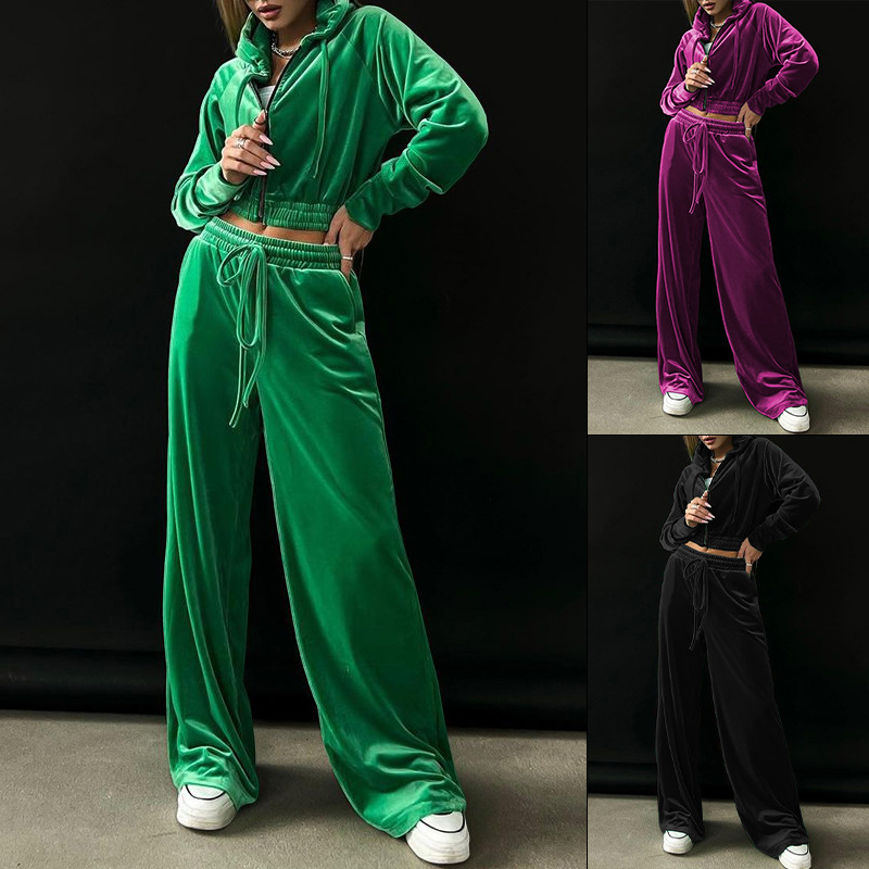 Fd1141 Spot 2023 Autumn and Winter New Women's Fashion Hooded Sweater Gold Velvet Sports Casual Pants Suit