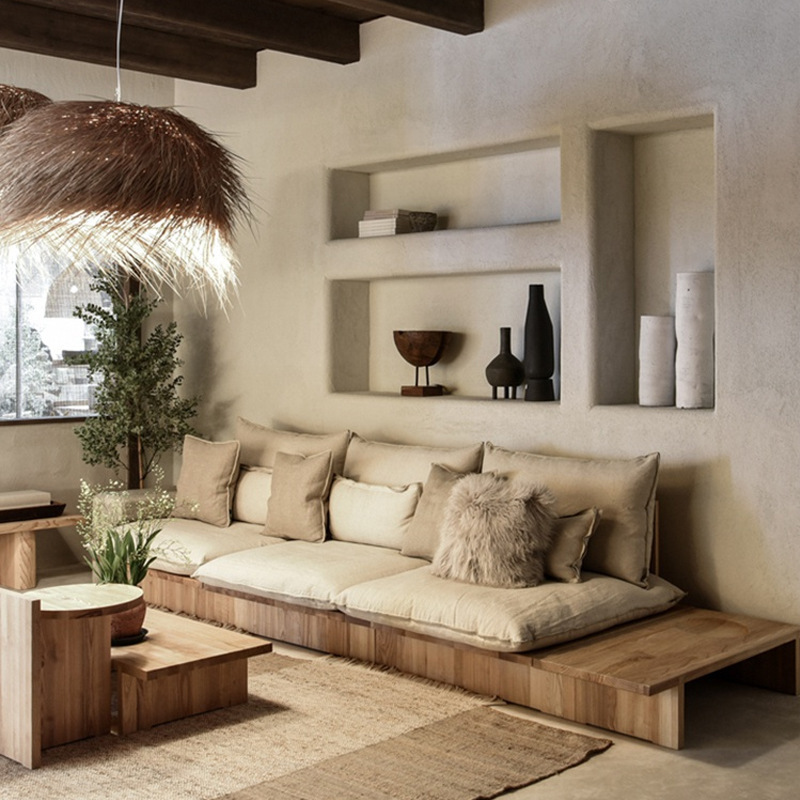 北欧日式原木风民宿实木布艺沙发家用小户型组合简约客厅休闲卡座