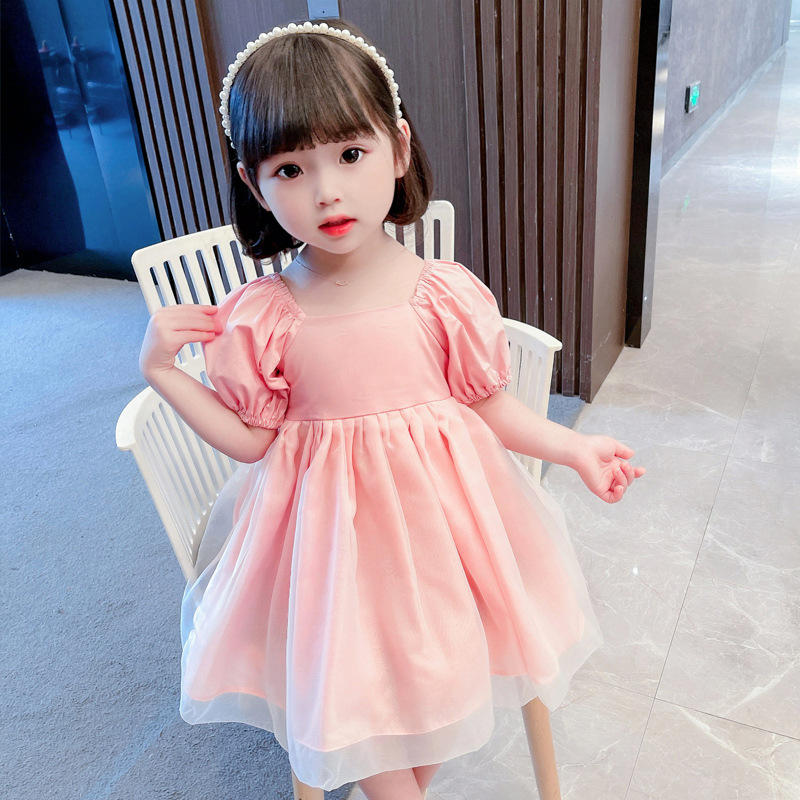 女童连衣裙夏季4岁女孩公主裙5岁6岁儿童短袖泡泡袖粉色纱裙洋气