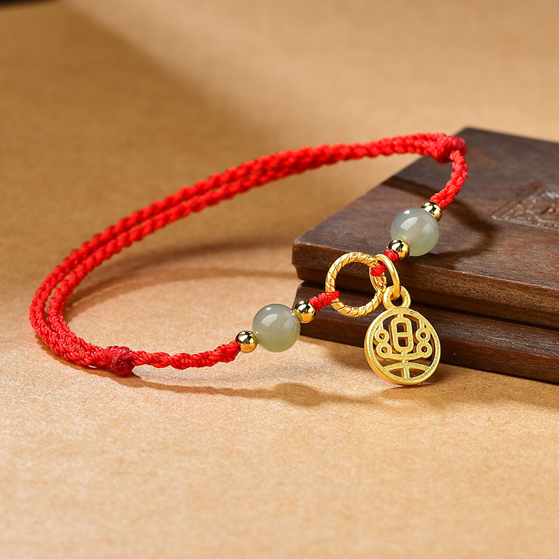 本命年和田玉红绳手链女 手工编织和田玉转运珠乾坤圈手绳民族风