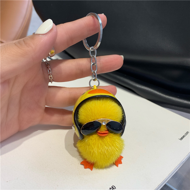 Mini Mink Hair Small Yellow Duck Car Key Ring Pendant Cute Plush Doll Doll Schoolbag Pendant