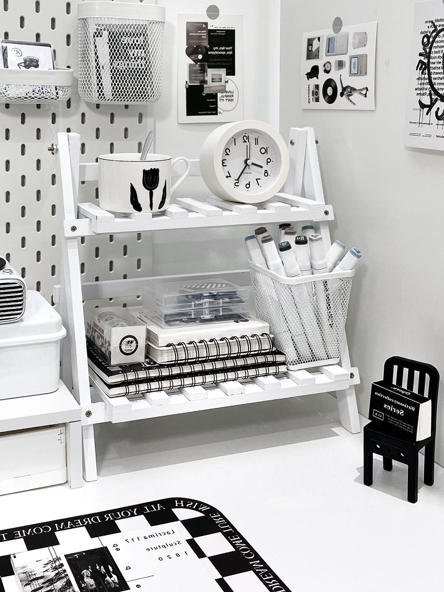 宿舍免安装双层桌面置物架桌上办公书桌实木折叠收纳架整理架