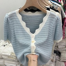 针织短袖香风镂空2024夏季新款开衫短款薄款设计冰丝上衣