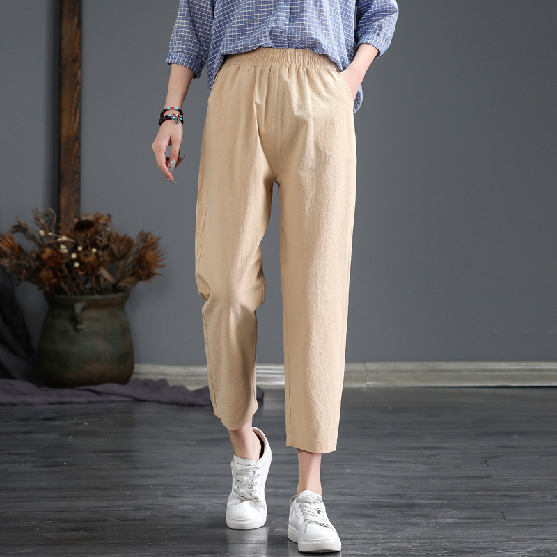 Women's Cotton and Linen Cropped Pants for Outer Wear Spring and Summer Thin High Waist Baggy Straight Trousers Large Size Slimming Harem Casual Tappered Pants