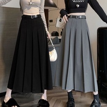 西装面料百褶裙长裙2024新款韩版简约黑色灰色法式高腰显瘦字版