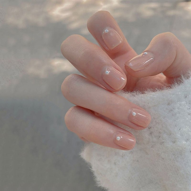 千行驹短款方圆网红同款指甲贴片 冰透裸粉珍珠穿戴美甲 成品甲片