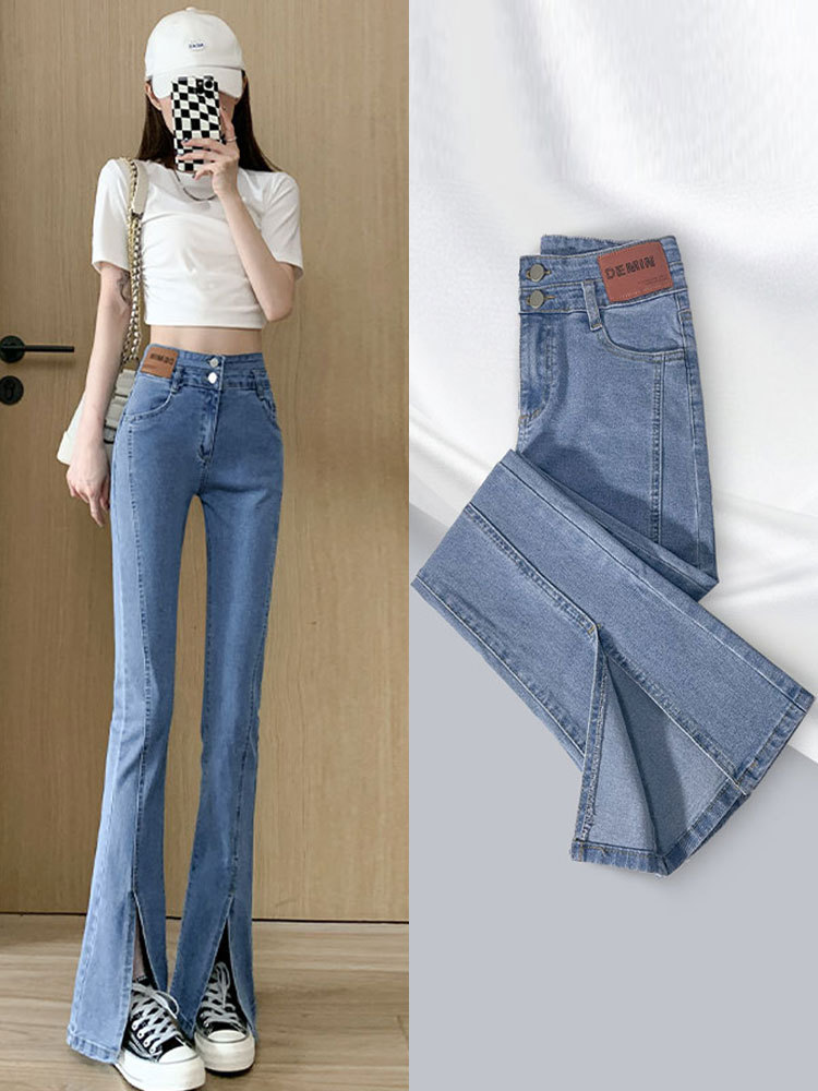 Split Jeans for Women Spring and Autumn 2023 New High Waist Slimming Slit Mop Bootcut Pants