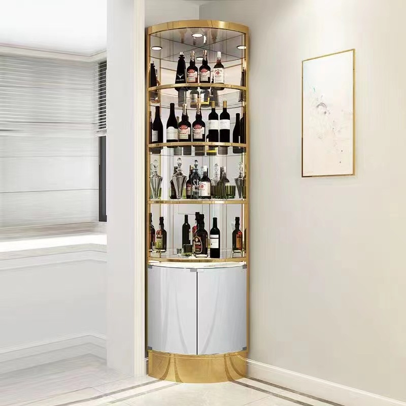 轻奢不锈钢钛金镜面酒柜家用客厅转角柜落地三角柜扇形靠墙角酒柜