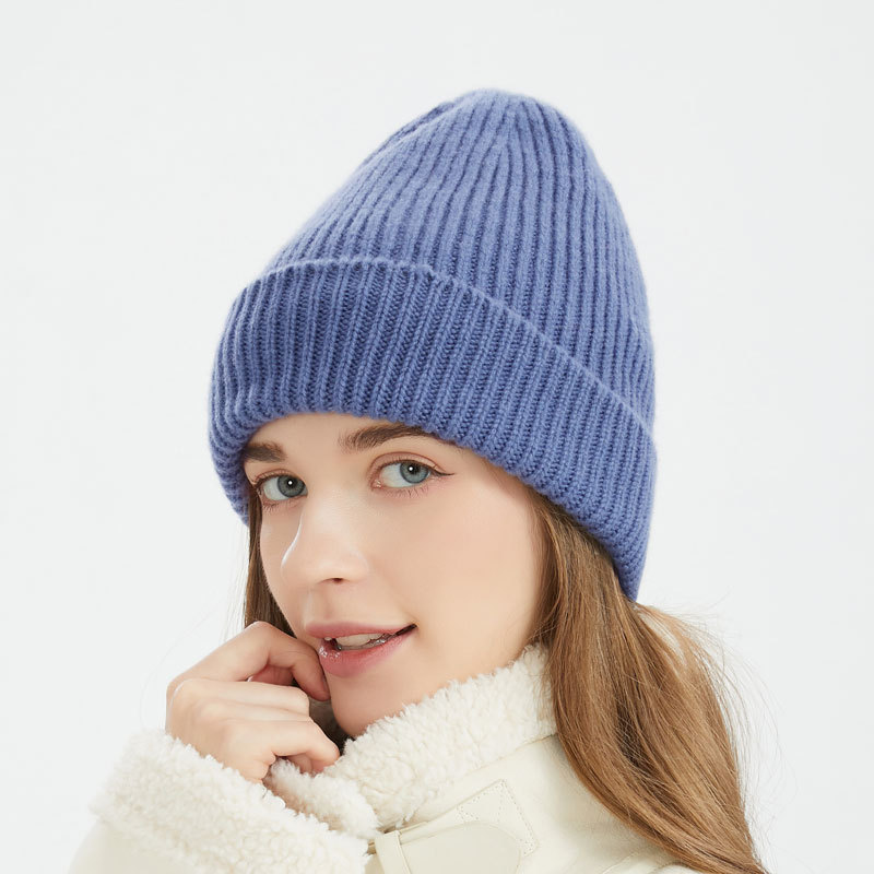 秋冬纯羊毛帽子恒源祥翻边单色保暖帽子工厂批发无檐钟形针织帽子