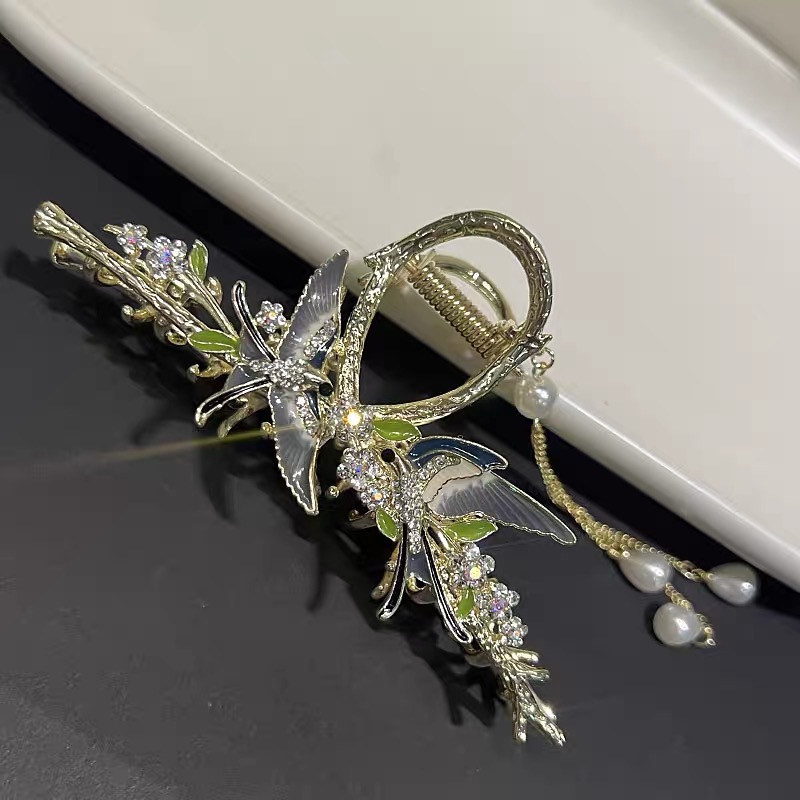 时尚气质新款燕子珍珠流苏发夹古风盘发抓夹后脑勺鲨鱼夹头饰女