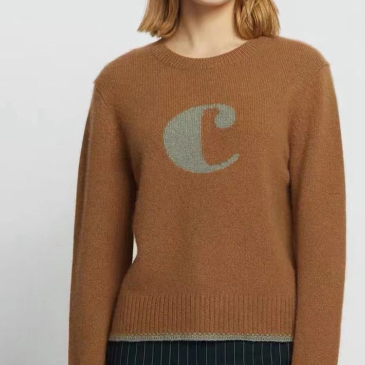 ca卡fen女装21秋冬新品全羊绒撞色logo圆领合身针织衫