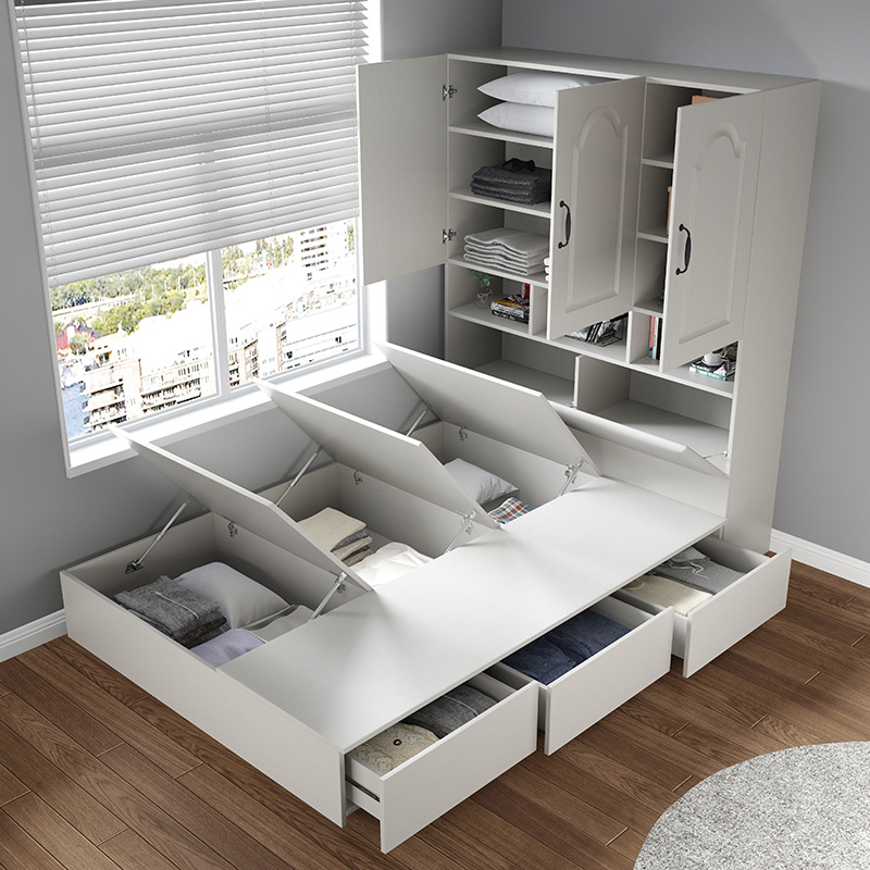 榻榻米床衣柜一体带书桌无床头储物床现代简约白色一体式组合床柜