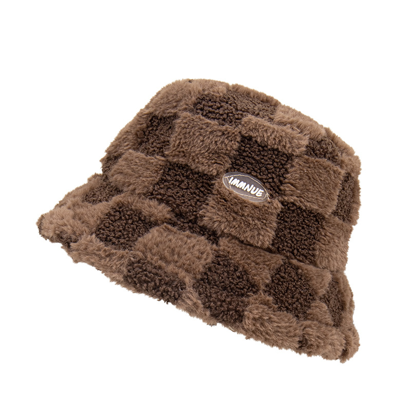 Winter New Plush Letter Basin Hat Outdoor Keep Warm Fleece Plaid Sunshade Lambswool Fisherman Hat Wholesale