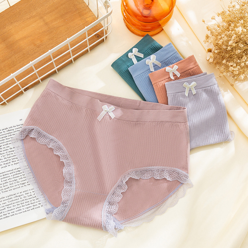 Women's Seamless Lace Underwear Mid-Waist plus Size Bow High Elastic Cotton Crotch Briefs