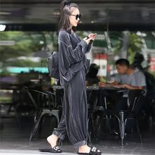 金丝绒休闲套装女胖mm大码女装宽松遮肉阔腿裤oversize两件套潮