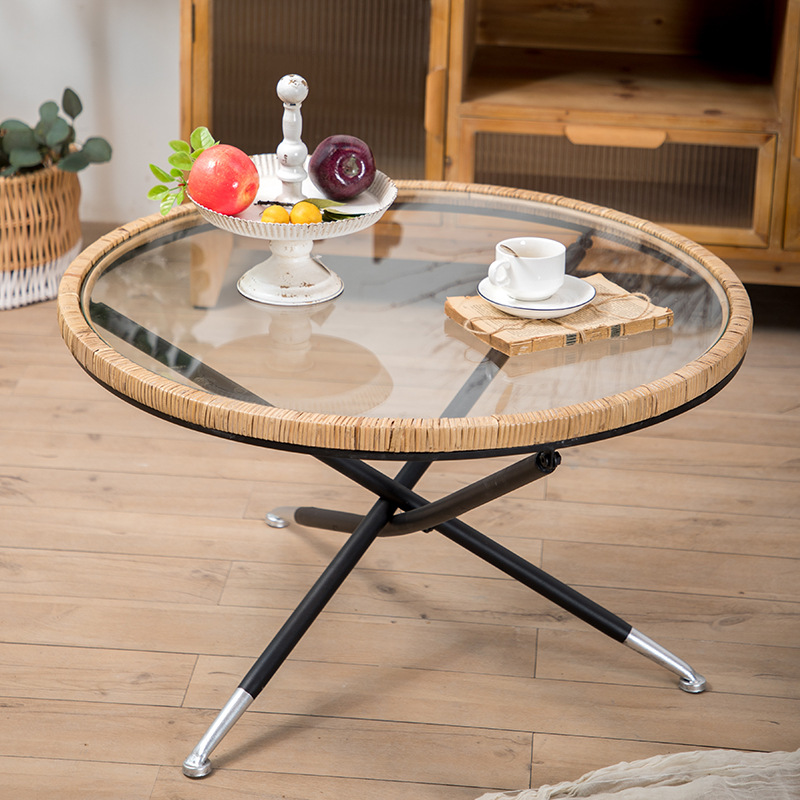 natural simple rattan tea table creative round tempered glass wrought iron side table living room studio coffee table