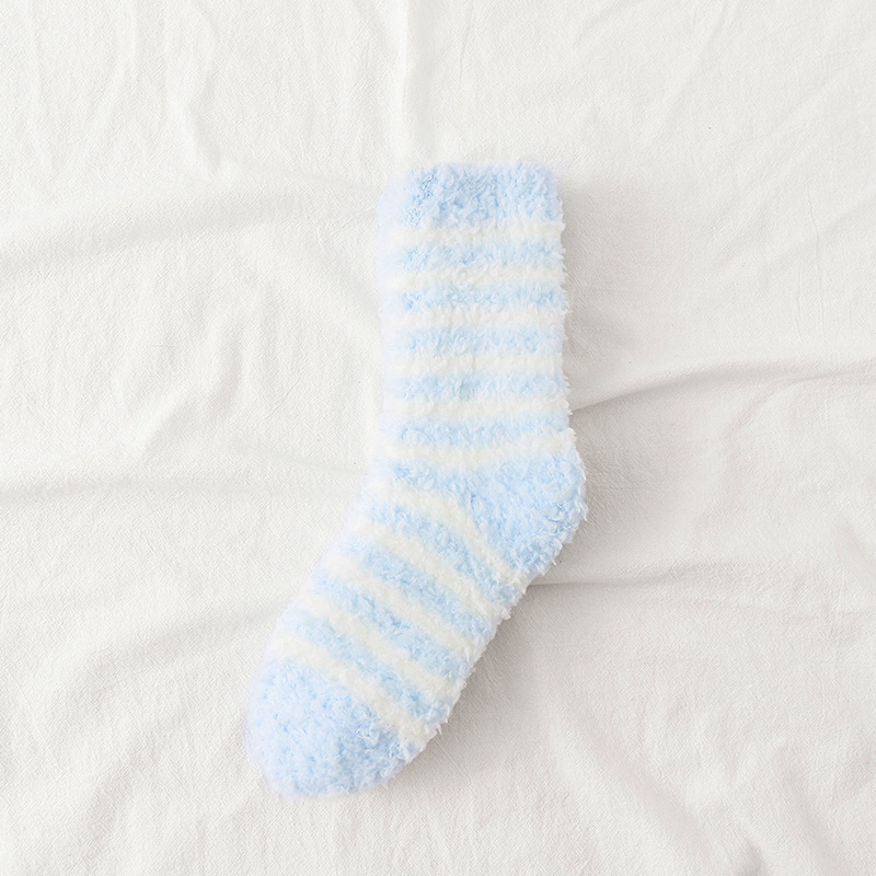 Autumn and Winter Sleeping Socks Women's Fleece-lined Thickened Japanese Solid Color Room Socks Cute Stripes Warm-Keeping Socks Women's Winter