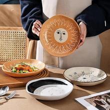 复古粗陶瓷意面盘子ins风餐具深盘创意手彩绘菜盘6寸家用早餐盘