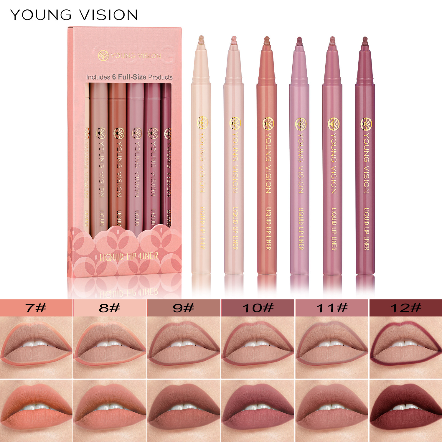 Young Vision Matte 6-Color Liquid Lip Liner Set Sponge Gourd Head Matte Nude Lipstick Pen