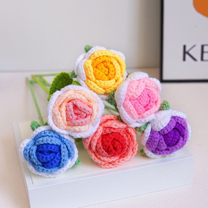 Amazon Hand-Woven Finished Bouquet Milk Cotton Emulational Rose Flower Wool Knitted Fake Flower Valentine's Day Bouquet