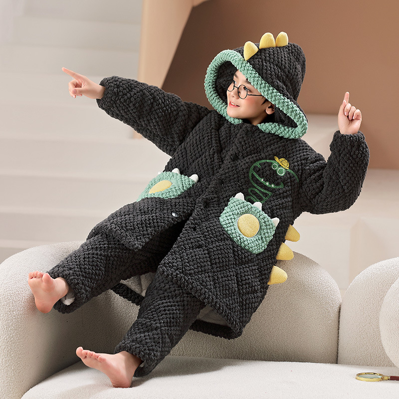 男童夹棉睡袍冬季套装中大童男孩卡通小恐龙儿童中长款睡衣家居服