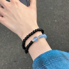 新款潮流日常百搭小众设计海蓝宝黑曜石手串女精致轻奢感叠戴手饰