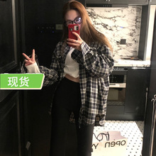 HEYG黑哥 美式格调！韩版撞色格子衬衫女早春宽松休闲百搭上衣