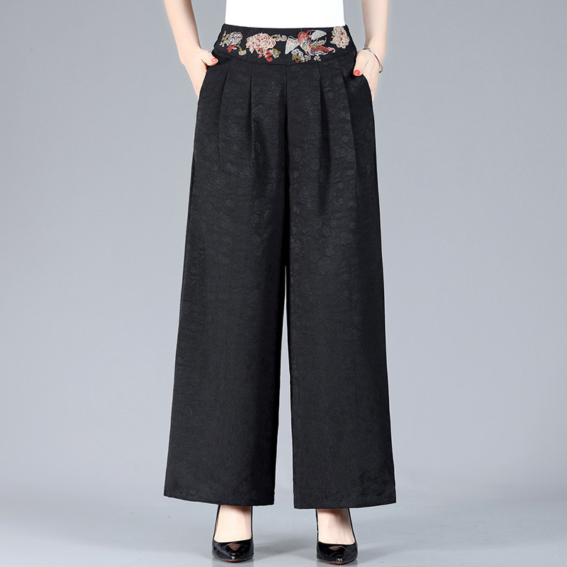 Mom Pants Xiangyun Yarn Wide-Leg Skort Middle-Aged and Elderly Women‘s Clothing Summer Loose Thin Machine Embroidery Straight Pants