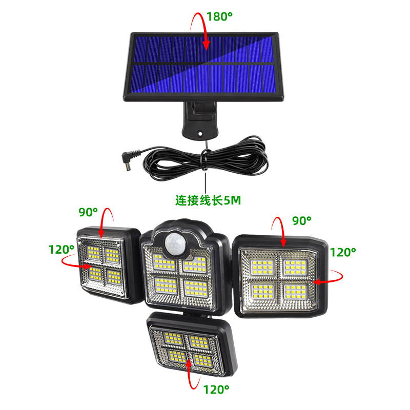 Solar Outdoor Wall Lamp Led4 Head Rotating Human Body Induction Garden Lamp with Remote Control Yard Garage Small Street Light