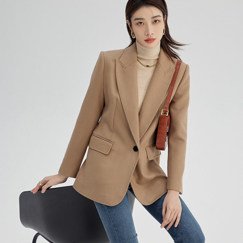 新款经典一粒扣斜纹50%羊绒50%羊毛驼色小西装女修身西服外套加厚
