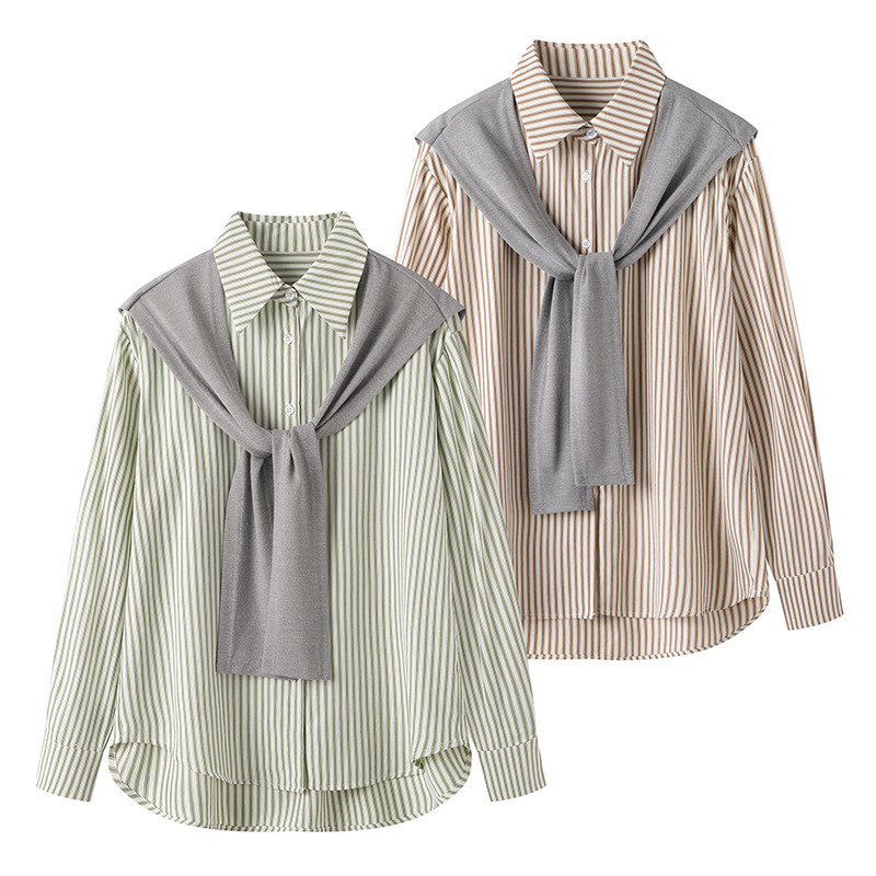 条纹长袖衬衫2023秋季海军领设计感披肩衬衣女b0013b50702-阿里巴巴