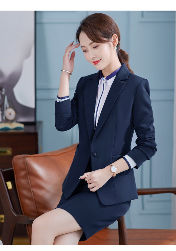 蓝色职业西装套装女播音艺考主持服装高端气质酒店前台正装工作服