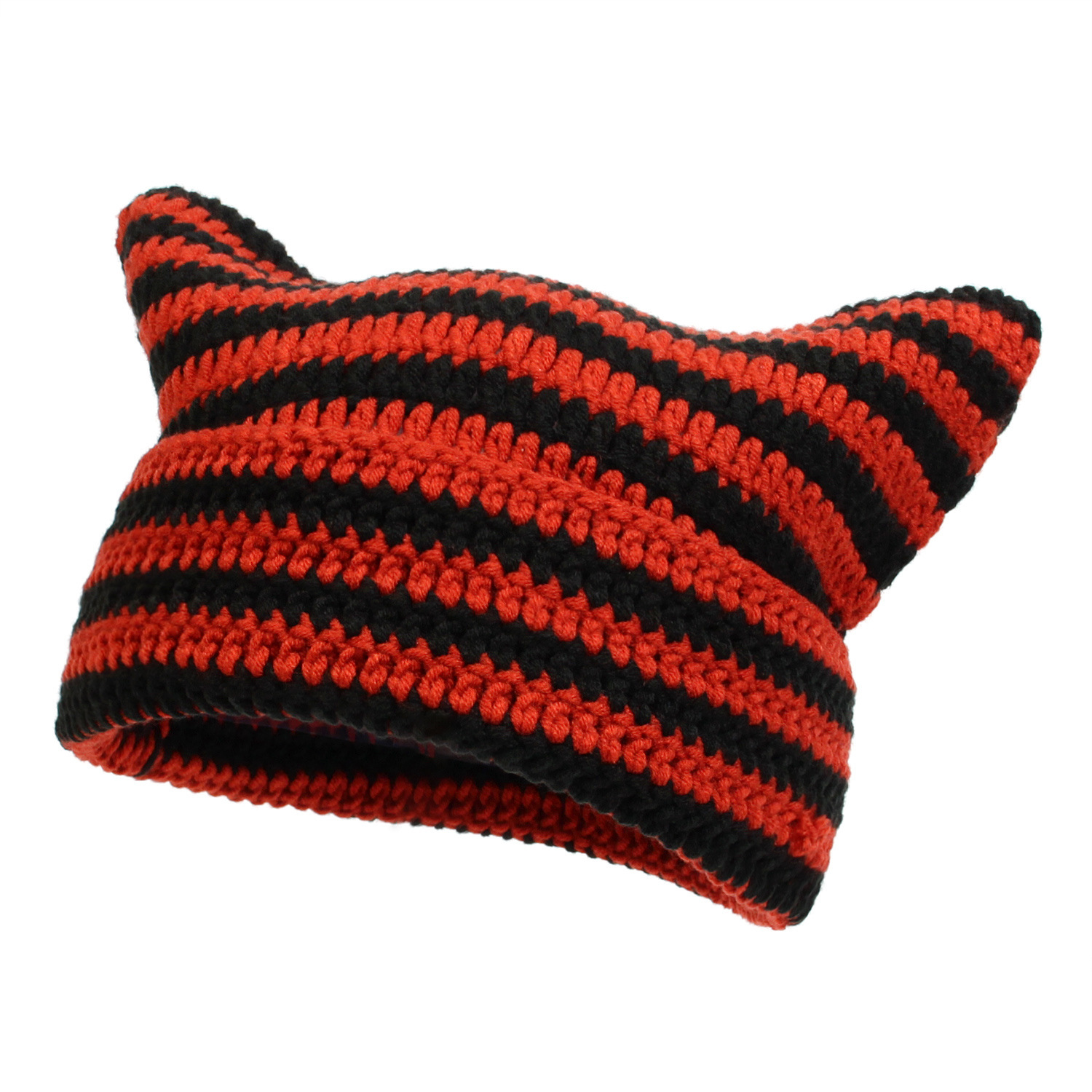 2023 New Japanese Style Little Devil Hand Crocheted Woolen Cap Striped Hat Cute Cat Ears Casual Warm Hat