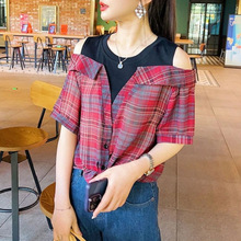 欧货设计感假两件露肩新款韩版复古拼色修身短袖衬衫女格子上衣夏