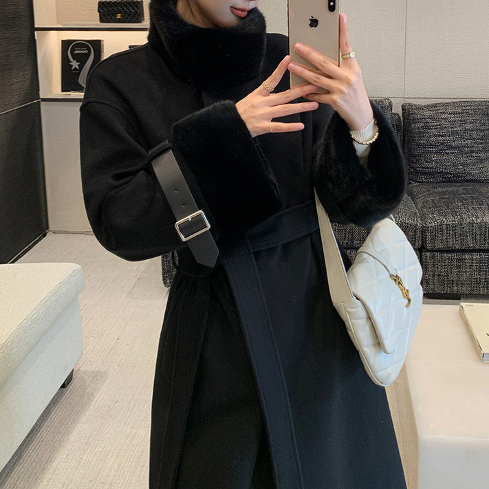 冬季高级感毛呢外套 水貂毛领双面羊绒大衣女 真皮袖口鹅绒内胆