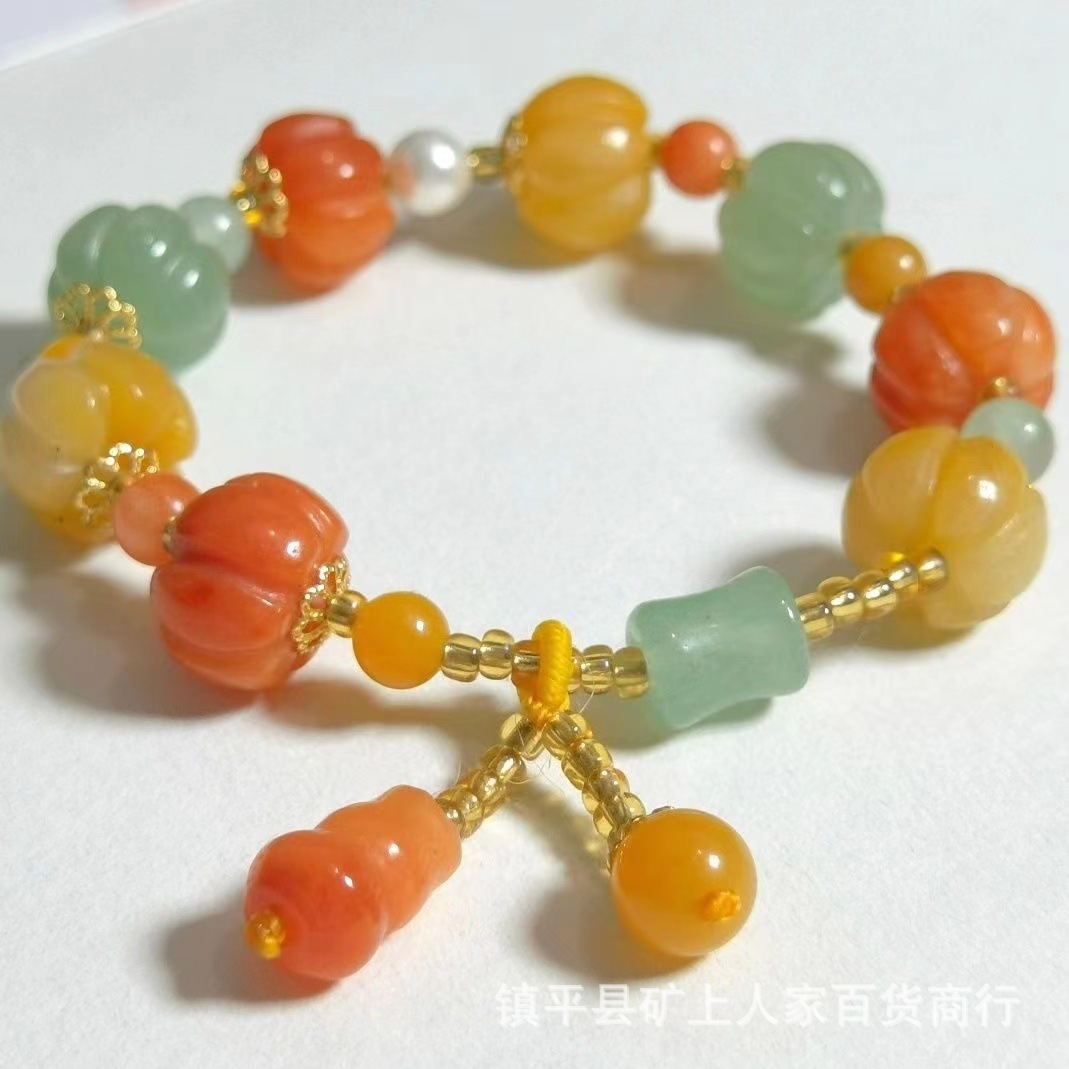 天然新疆金丝玉民族风南瓜珠节节高吊葫芦多宝女士款手串玉石手链